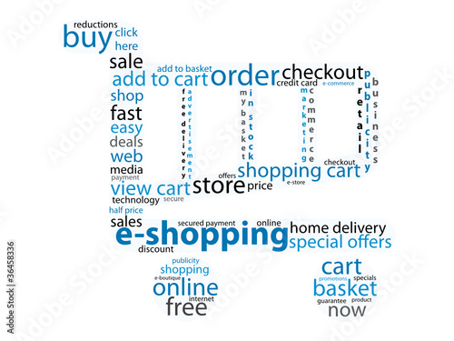 "E-SHOPPING" Tag Cloud (add to cart buy now order online icon)