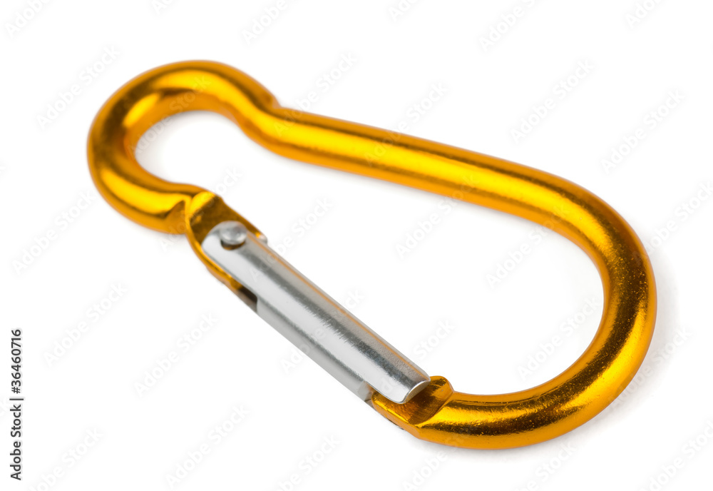 Single golden aluminium carabiner isolated on white Single golden aluminium carabiner isolated on white