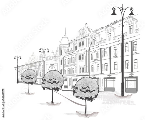 Series of streets in the city in sketches