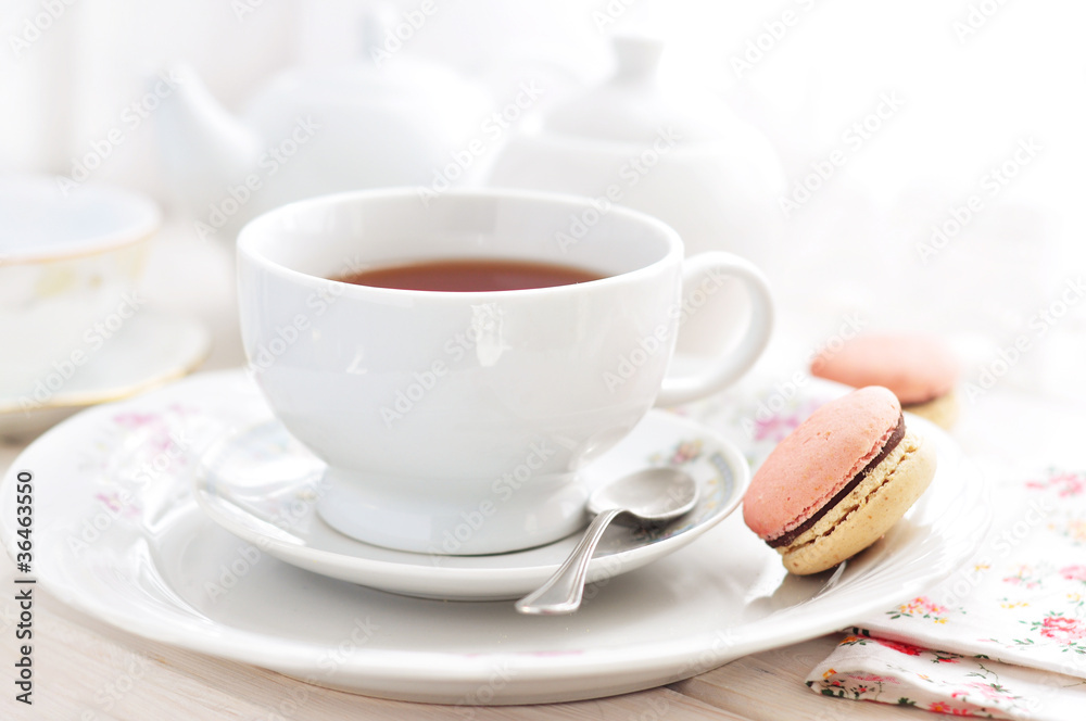Cup of tea and French macaroons