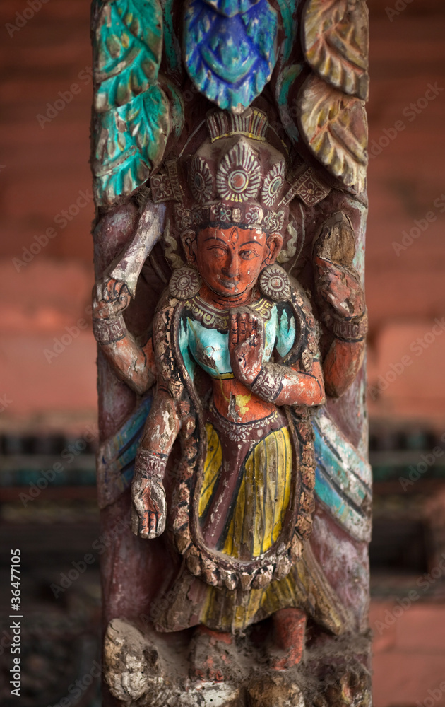 Ancient wooden carving at temple in Bhaktapur, Nepal