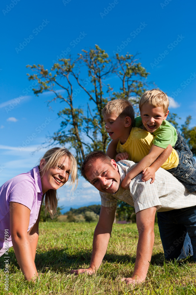 Familie mit Kindern spielt auf einer Wiese Familie mit Kindern spielt auf einer Wiese