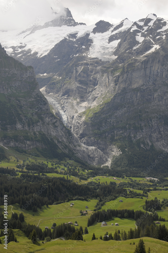 Chalets in fields beneath Schreckhorn in Switzerland