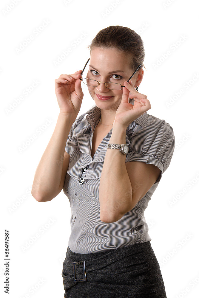 Beautiful businesswoman wearing glasses isolated on white Beautiful businesswoman wearing glasses isolated on white