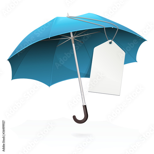 Parapluie bleu et son étiquette vierge (reflet)