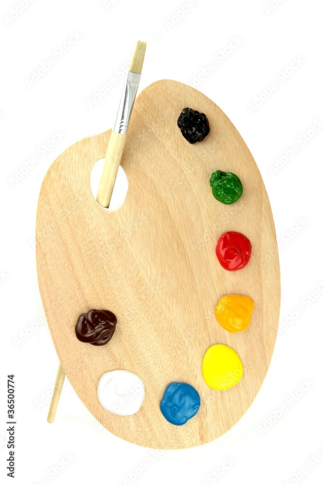 Obraz premium Palet, paintbrush and colors on white background