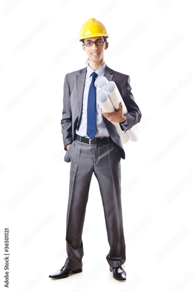 Young architect with drawings isolated on white Young architect with drawings isolated on white