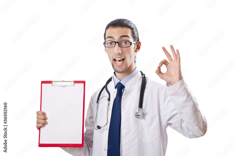 Doctor with blank binder on white
