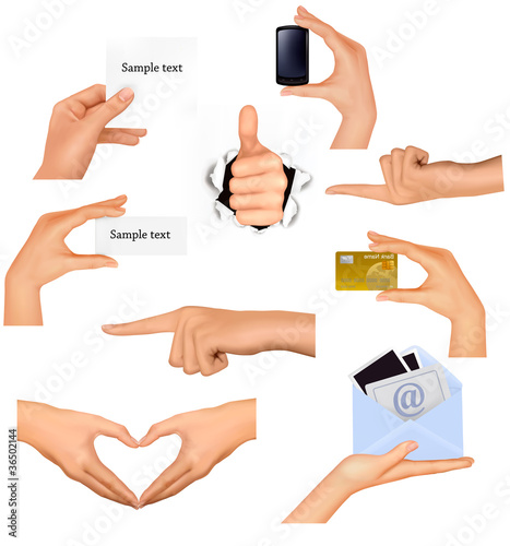 Set of hands holding different business objects. Vector