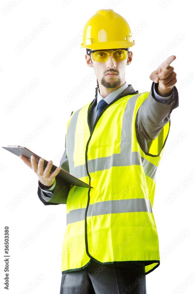 Man with hard hat on white