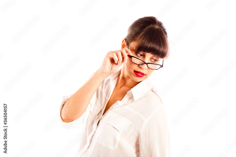 Young woman with tilting glasses with red lips Young woman with tilting glasses with red lips
