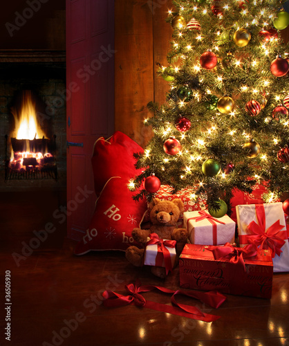 Christmas scene with tree and fire in background