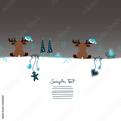 Card 2 Reindeers Santa´s Hat & Symbols Turquoise/Grey