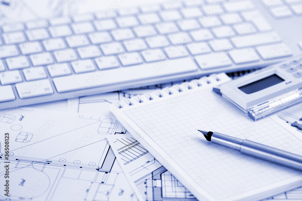 computer keyboard, calculator, notepad, ink pen and architectura computer keyboard, calculator, notepad, ink pen and architectura