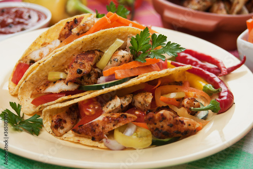 Grilled chicken meat in taco shells