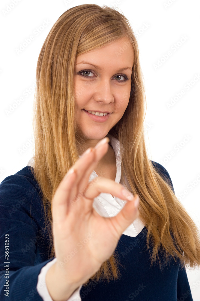 Business woman signaling ok - isolated over white