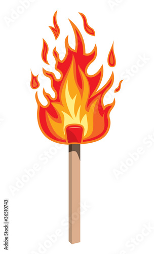 Burning match stick on a white background