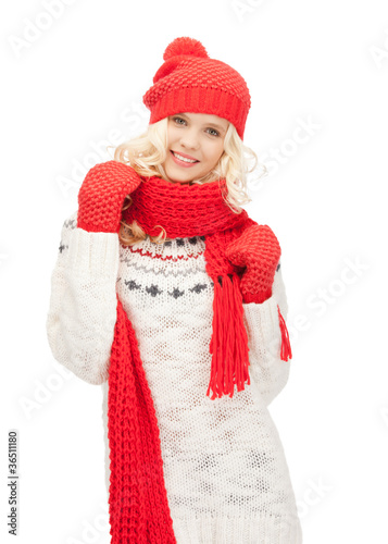 beautiful woman in hat, muffler and mittens