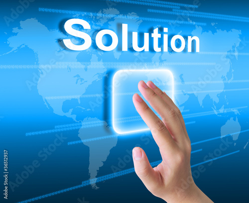 hand pressing solution button on a touch screen interface