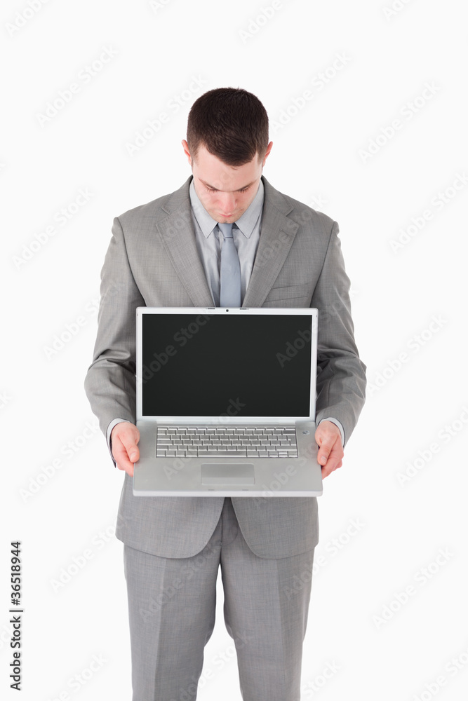 Portrait of a businessman looking at a laptop's screen