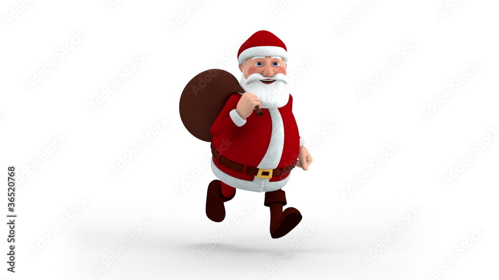 Cartoon Santa Claus with gift bag running on spot - front Cartoon Santa Claus with gift bag running on spot - front