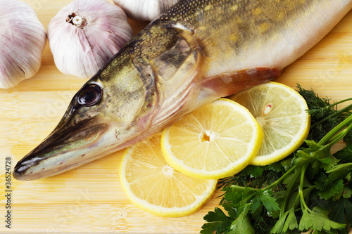 Raw pike with cooking ingredients