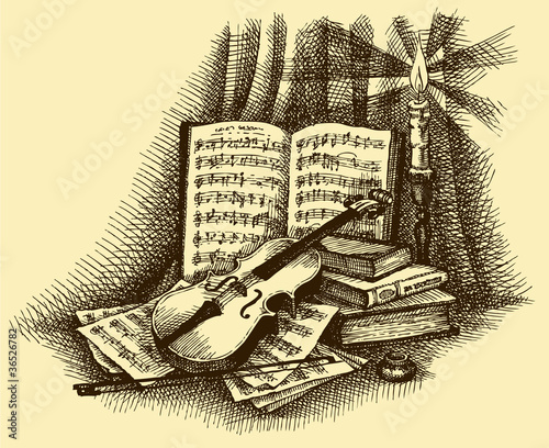 Vector vignette of a violin, books, candlestick and pages with n