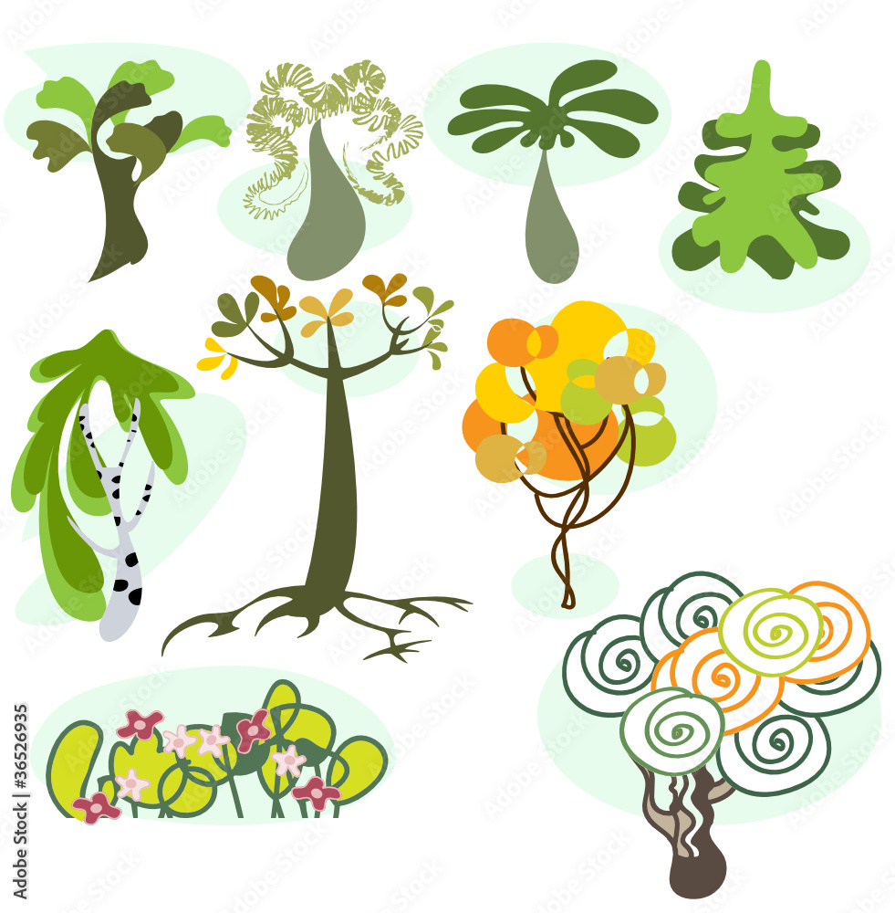 A cartoon vector illustration set of nine different trees.