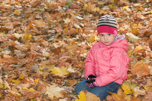 Serious little girl in the yellow leaves