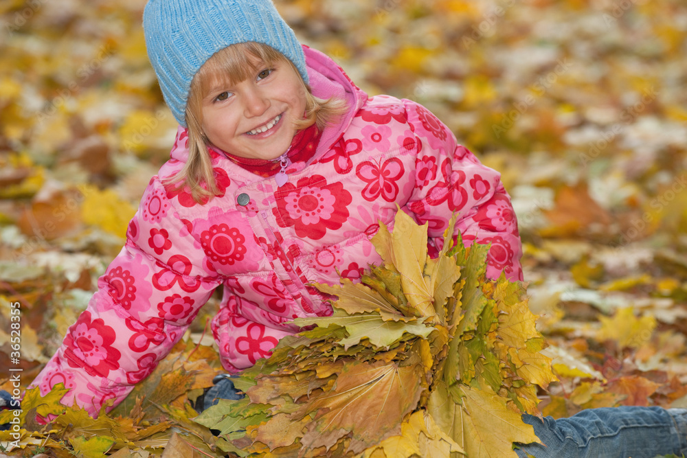 Happy girl with yellow leaves Happy girl with yellow leaves