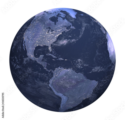 Planet earth at night white background