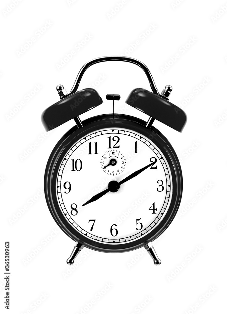 close up of black bell clock (alarm clock) isolated on white bac close up of black bell clock (alarm clock) isolated on white bac