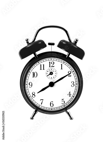 close up of black bell clock (alarm clock) isolated on white bac