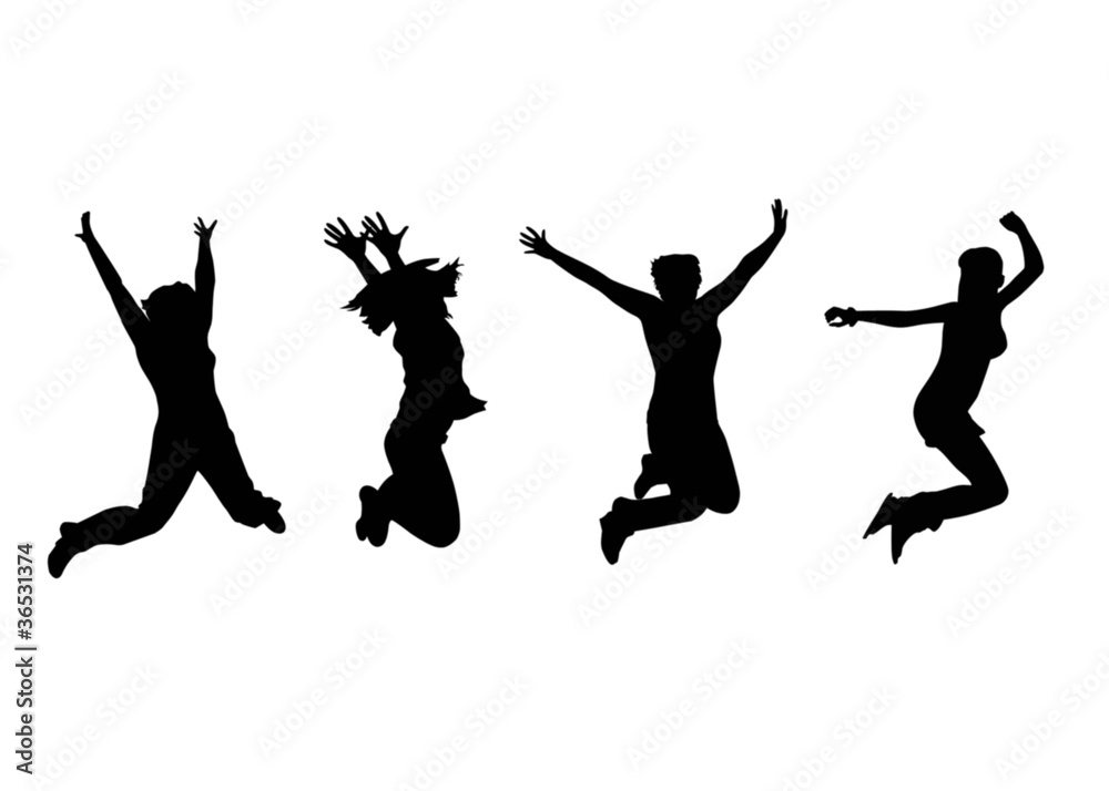 Silhouettes of people in a jump.