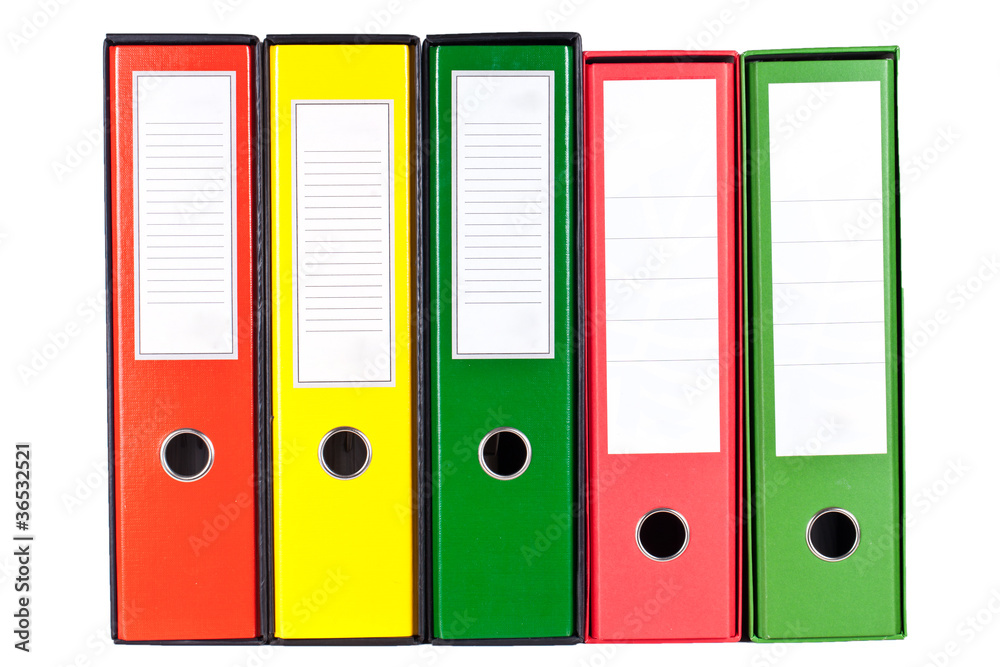 Red, green and yellow office folders with boxes isolated on whit Red, green and yellow office folders with boxes isolated on whit
