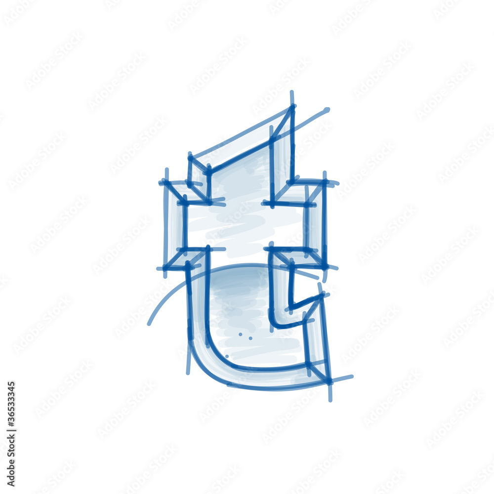 Blueprint font sketch - letter t - marker drawing