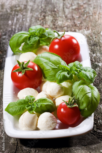 mozzarella, green basil and tomatoes