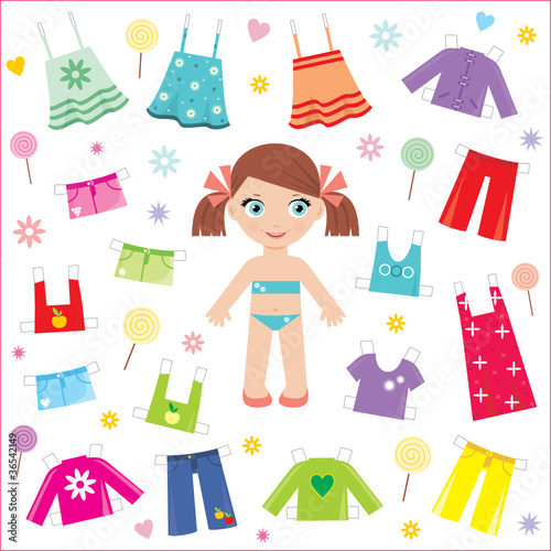 Paper doll with clothes set. vector