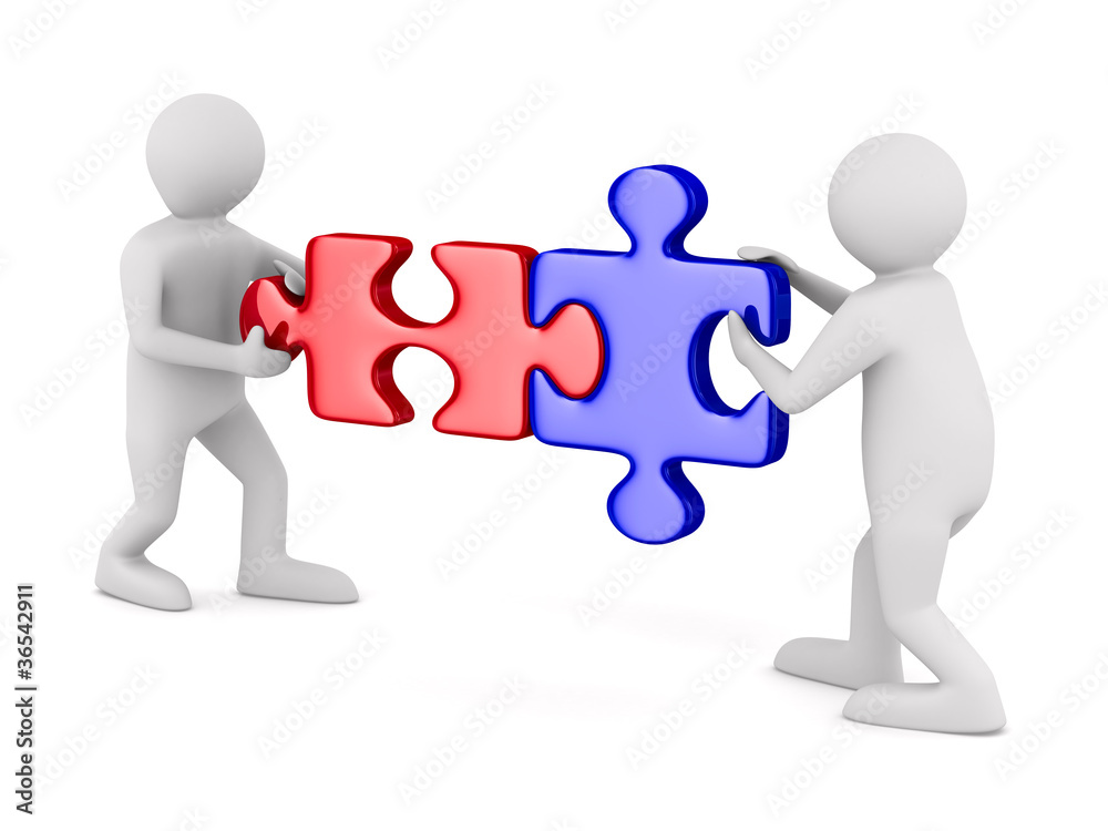 Two man with puzzle on white background. Isolated 3D image Two man with puzzle on white background. Isolated 3D image