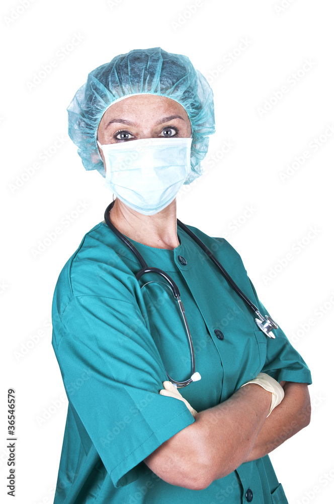 Young doctor / surgeon with stethoscope wearing surgeon mask Young doctor / surgeon with stethoscope wearing surgeon mask