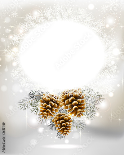 light Christmas background with three cones and fir tree