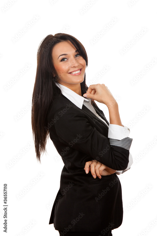 Smiling business woman standing with folded hands Smiling business woman standing with folded hands