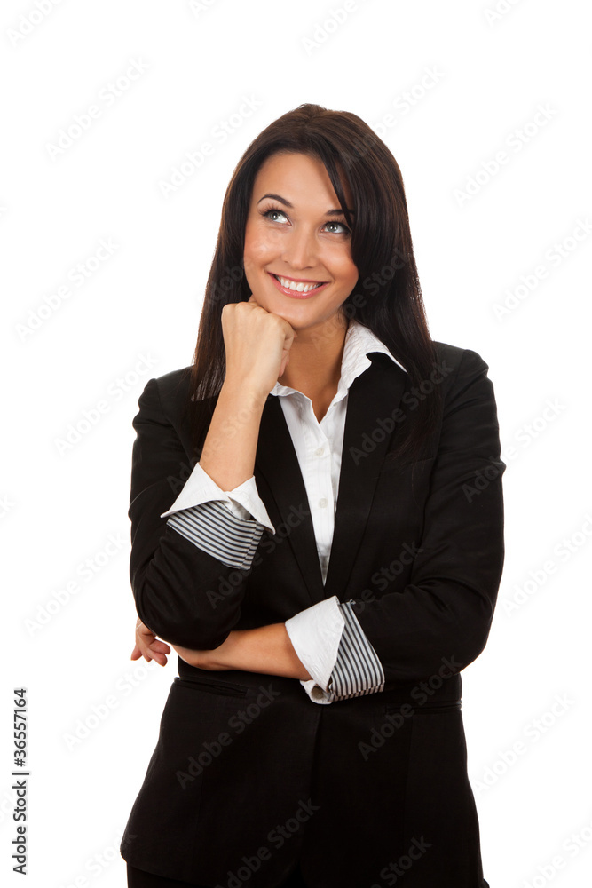 Smiling business woman think looking up. Isolated over white Smiling business woman think looking up. Isolated over white