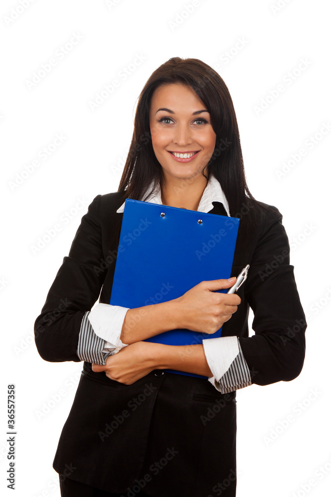 Smiling business woman standing with folded hands Smiling business woman standing with folded hands