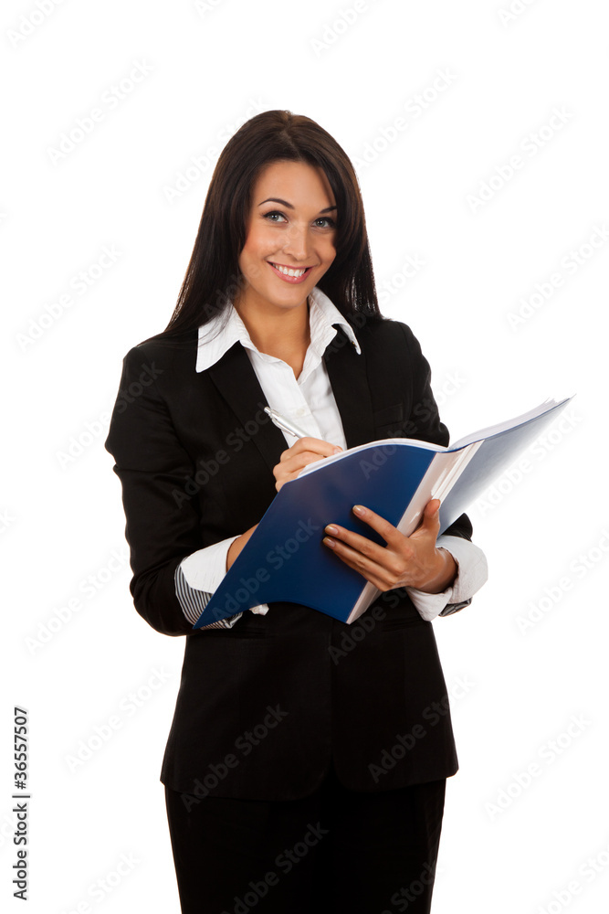 happy smiling businesswoman with blue folder, isolated on white happy smiling businesswoman with blue folder, isolated on white