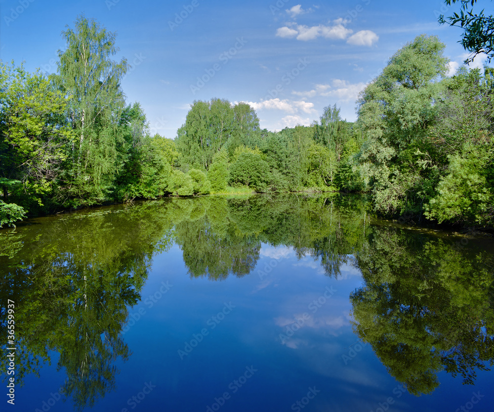 Landscape with trees, reflecting in the water