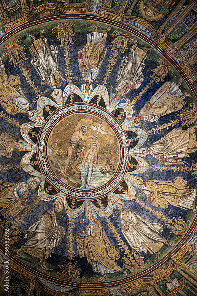 Mosaic interior of Dome in Romansque Church in Ravenna Italy
