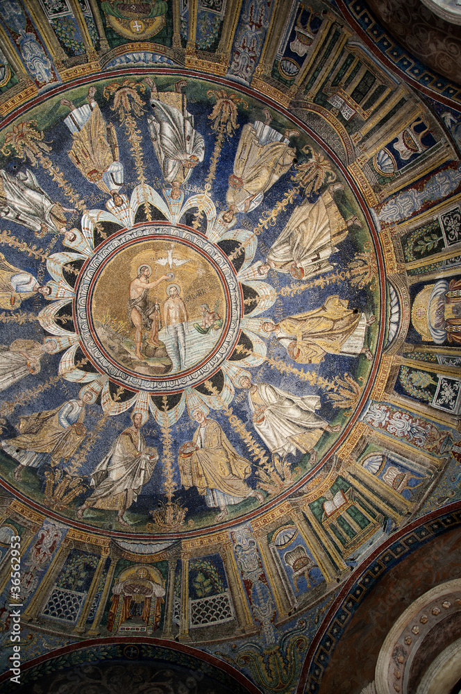 Mosaic interior of Dome in Romansque Church in Ravenna Italy