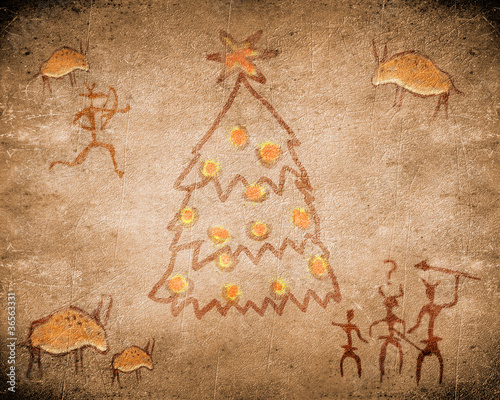 prehistoric cave painting with christmas tree