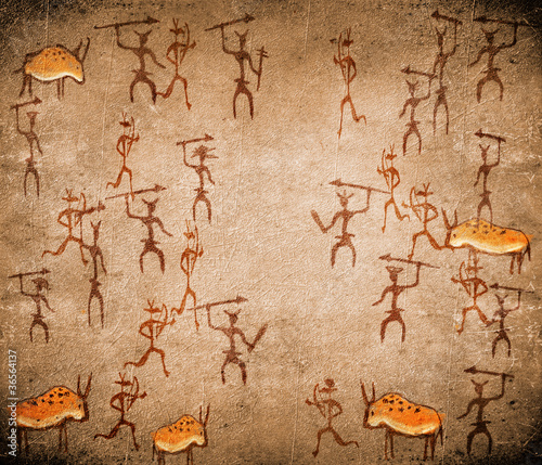 prehistoric cave painting with war scene